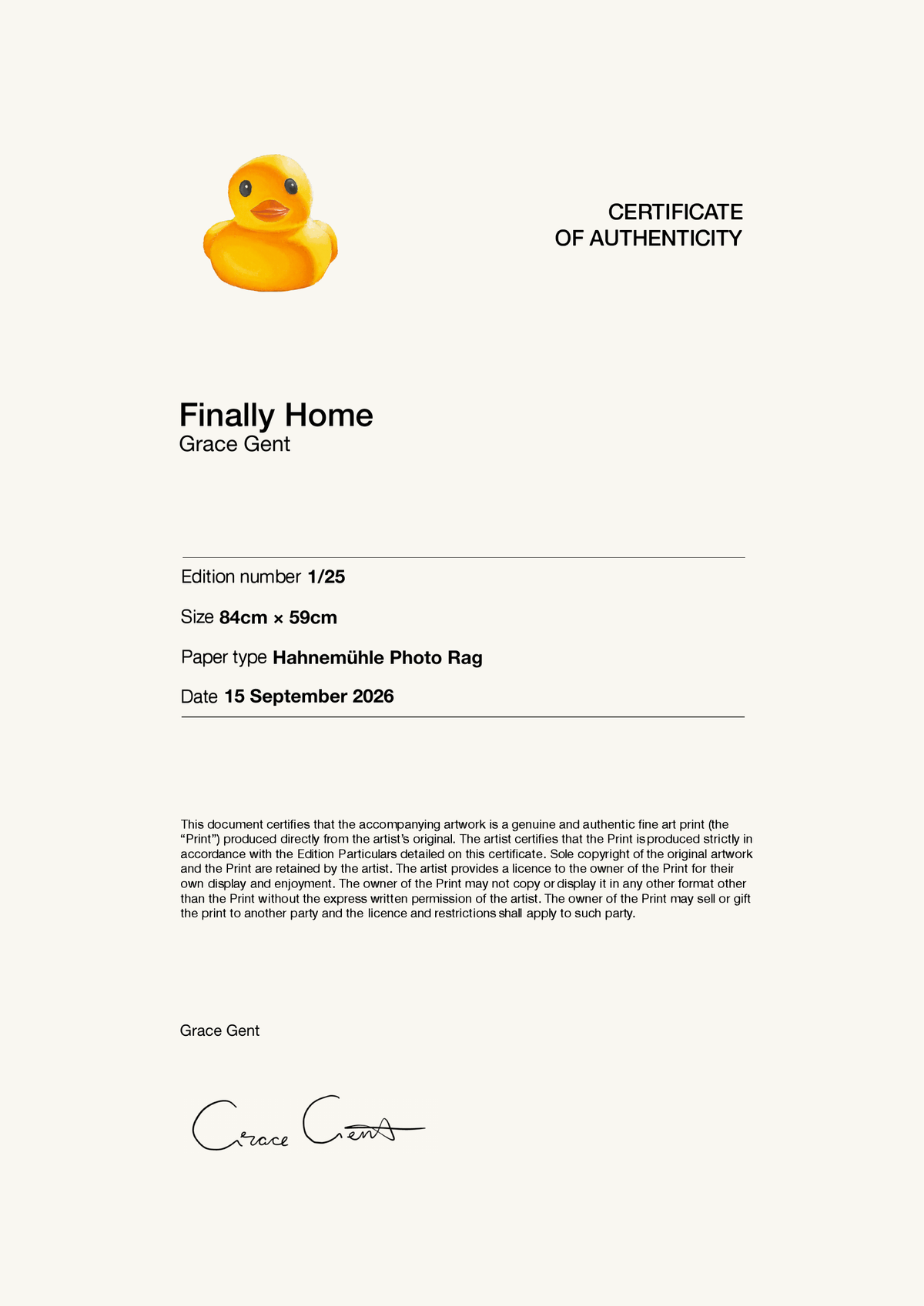 Finally Home — Certificate of Authenticity
