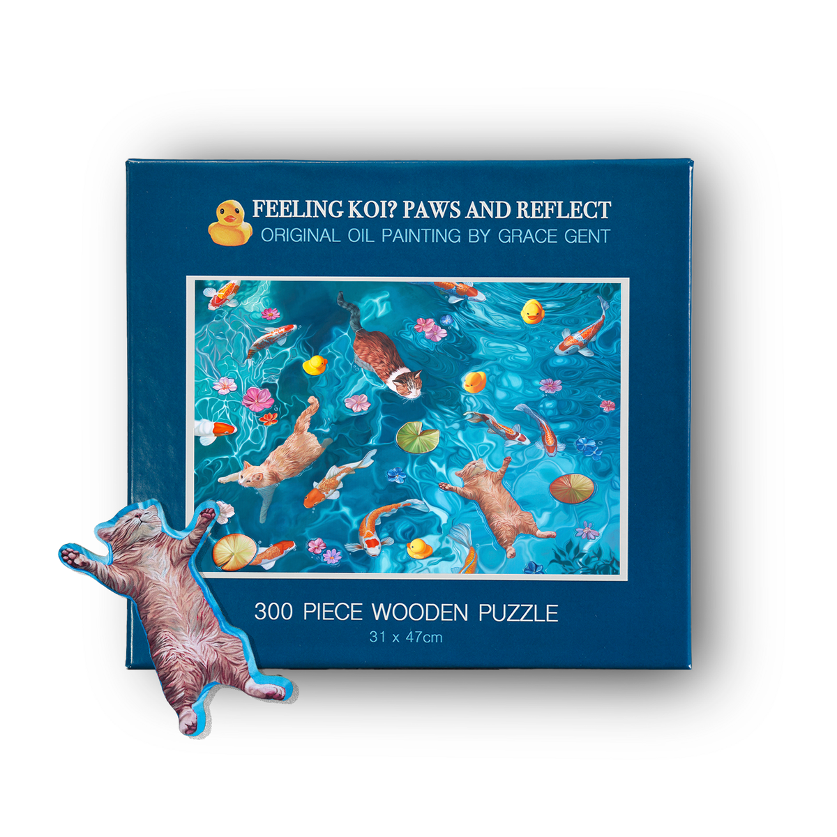 "Feeling Koi? Paws and Refelct" 300 Piece Wooden Jigsaw Puzzle with Duck & Cat Shaped Cutouts